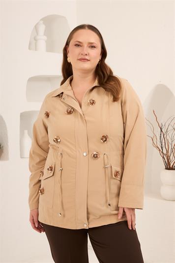Çiçek Aplikeli Büyük Beden Trençkot Krem - RMG