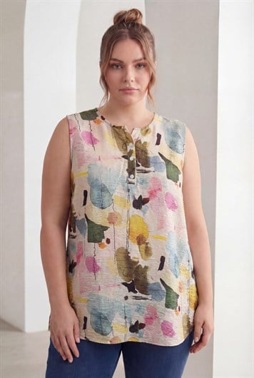 Desenli Kolsuz Büyük Beden Bluz Haki - RMG