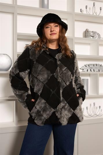 Geometrik Peluş Büyük Beden Kapşonlu Ceket Siyah