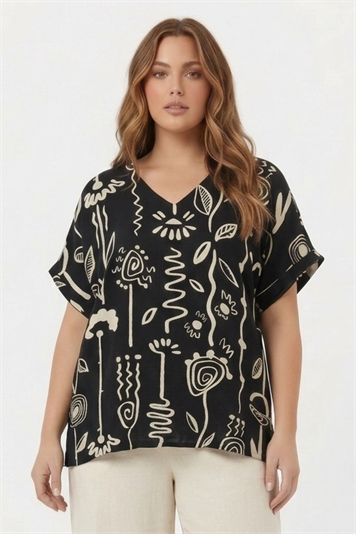 Grafik Desenli Kadın Büyük Beden Bluz Siyah - RMG
