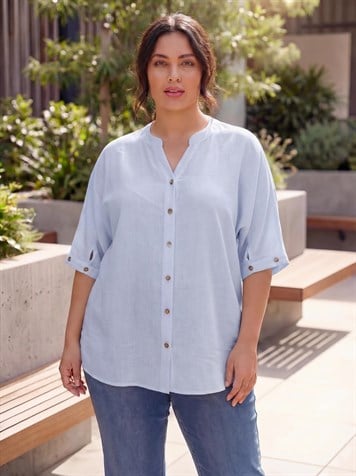 Kol Düğme Detaylı Keten Karışımlı Kadın Büyük Beden Gömlek Mavi - RMG