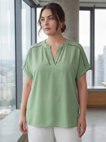 Kroşete Detaylı Büyük Beden Bluz Çağla Yeşili - RMG