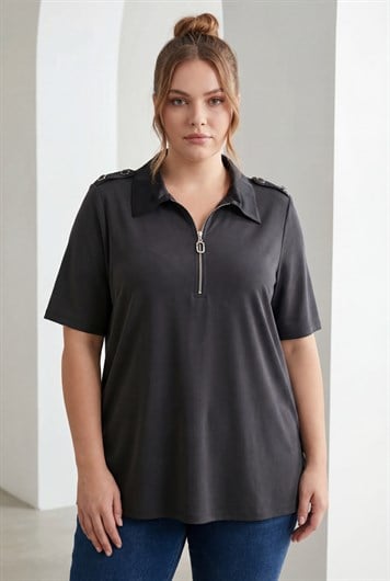 Omuz Apoletli Fermuarlı Büyük Beden Bluz Siyah - RMG