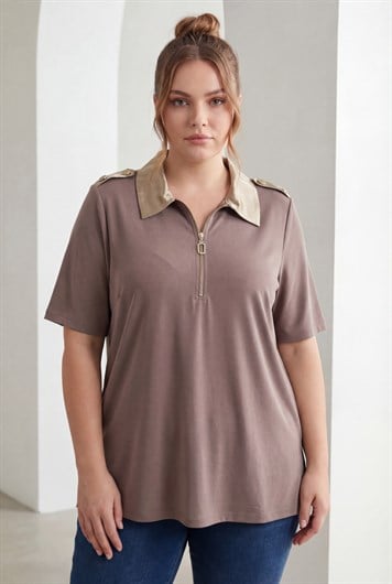 Omuz Apoletli Fermuarlı Büyük Beden Modal Bluz Vizon - RMG