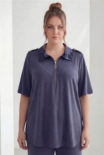 Omuz Apoletli Fermuarlı Büyük Beden Modal Bluz Lacivert - RMG