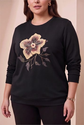 Özel Baskı Detaylı Büyük Beden Örme Modal Sweatshirt Siyah - RMG