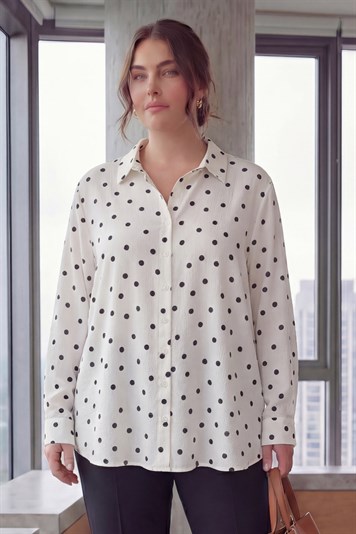 Puantiyeli Uzun Kol Kadın Büyük Beden Gömlek Beyaz - RMG