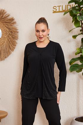 Rmg Eteği Taş Baskı Detaylı İçli Dışlı Siyah Bluz