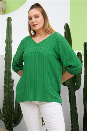 Rmg Sırt Bağcık Detaylı V Yaka Büyük Beden Yeşil Bluz