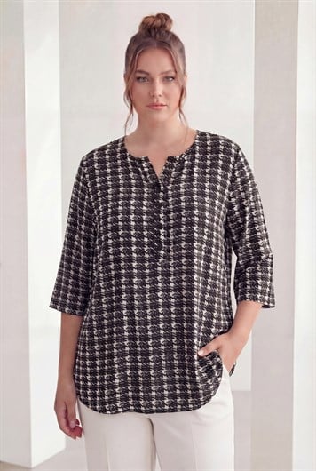 Soyut Desenli Kadın Büyük Beden Bluz Siyah - RMG