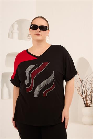 Taş Baskılı Büyük Beden Garnili Tişört Siyahkırmızı - RMG