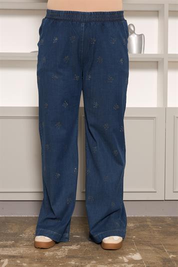 Taş Detaylı Büyük Beden Geniş Paça Pantolon Lacivert