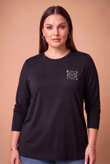 Taş Logolu Modal Büyük Beden Örme Sweatshirt Siyah - RMG