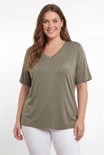 V Yaka Taş Detaylı Büyük Beden Tişört Haki - RMG