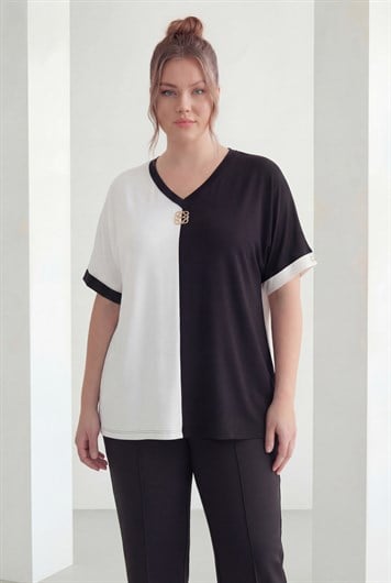 Yaka Aksesuarlı Büyük Beden Garnili Tişört Ekru - RMG