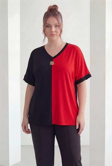 Yaka Aksesuarlı Büyük Beden Garnili Tişört Kırmızı - RMG