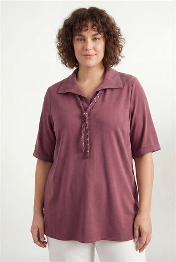 Yaka Bağcıklı Büyük Beden Modal Bluz Bordo - RMG