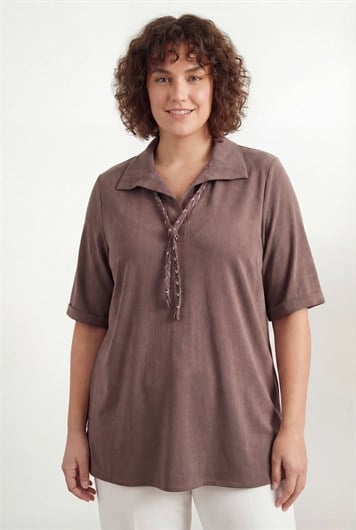 Yaka Bağcıklı Büyük Beden Modal Bluz Kahve - RMG