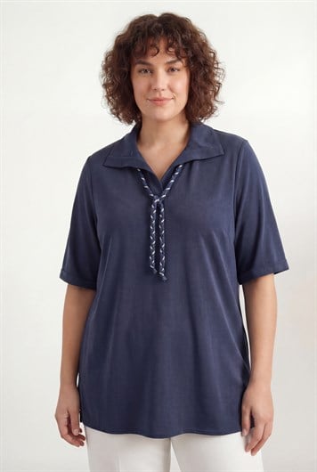 Yaka Bağcıklı Büyük Beden Modal Bluz Lacivert - RMG