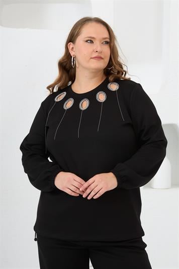 Yaka Detaylı Kol ve Eteği Büzgülü Büyük Beden Sweat Siyah