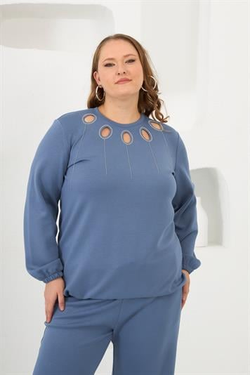 Yaka Detaylı Kol ve Eteği Büzgülü Büyük Beden Sweat İndigo