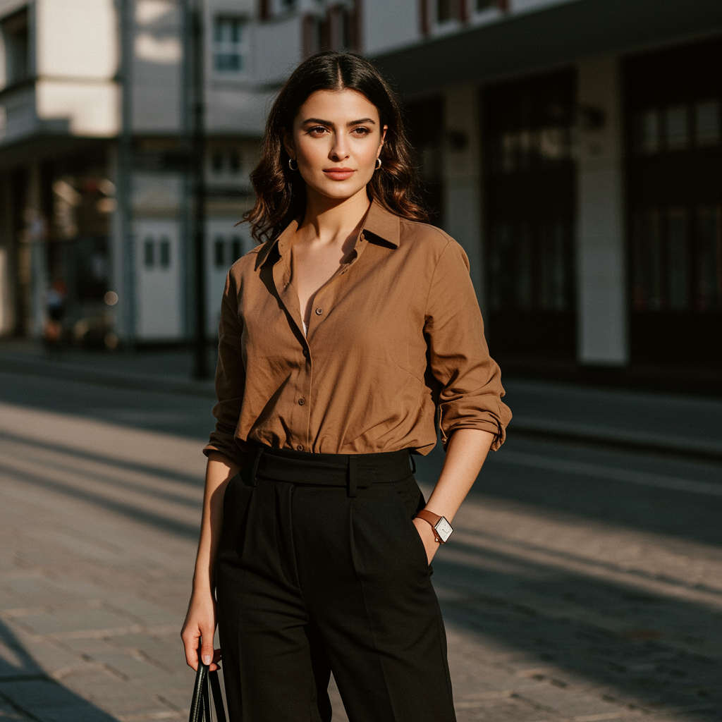 Krem Pantolon İle Kahverengi Gömlek Kombini