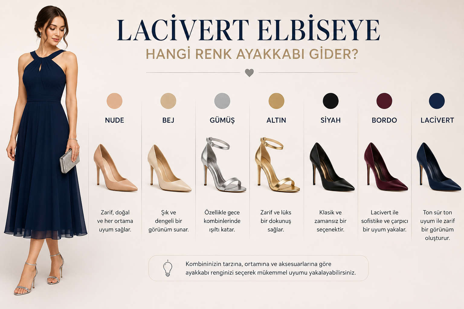 Altın ve Gümüş Ayakkabılarla Lacivert Elbise Şıklığı