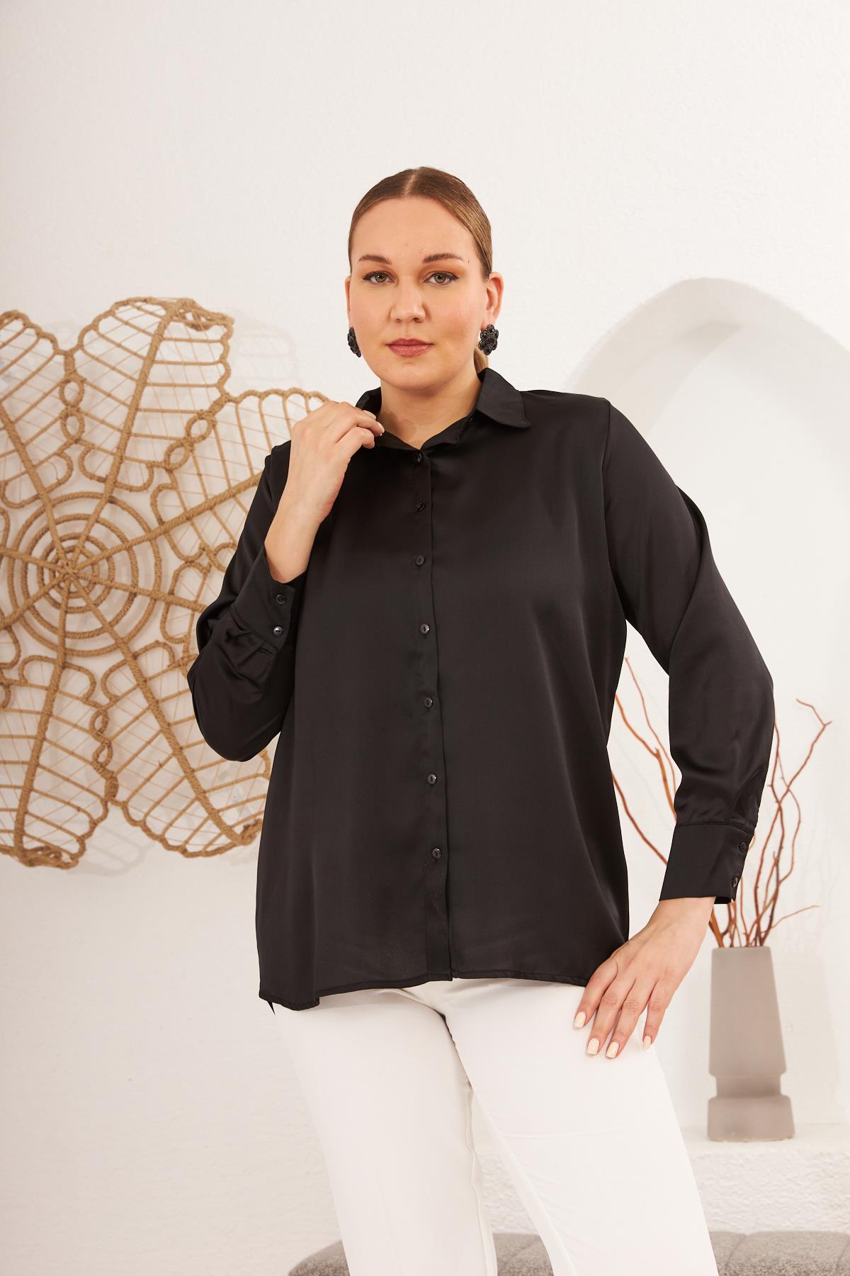 Uzun Kol Büyük Beden Siyah Saten Gömlek