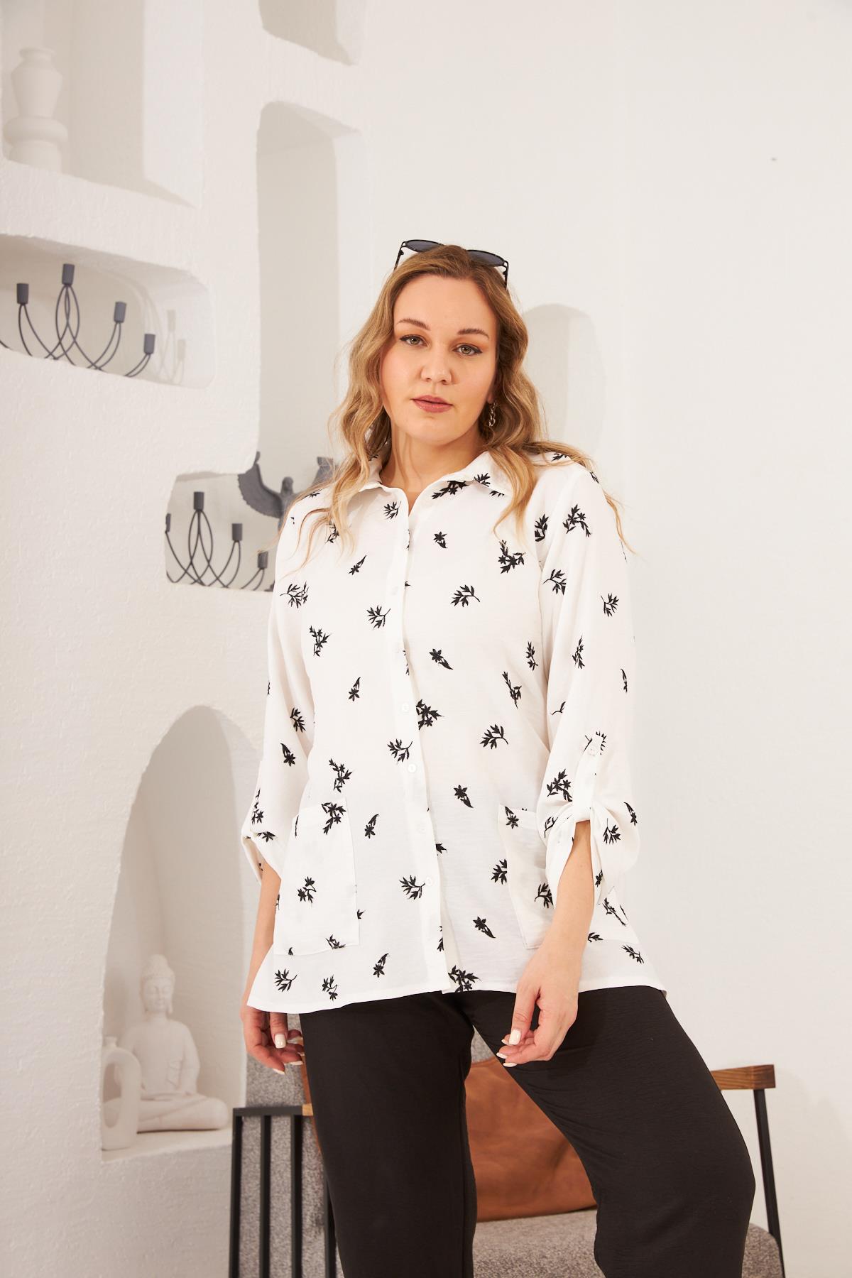 Çiçek Nakış İşlemeli Büyük Beden Ekru Gömlek