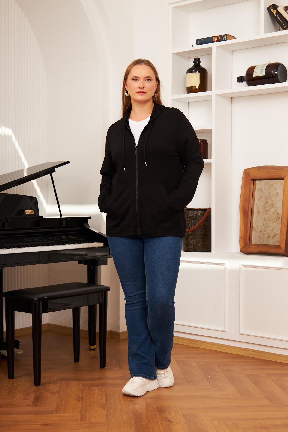 Büyük Beden Modal Sweatshirt Hırka Siyah