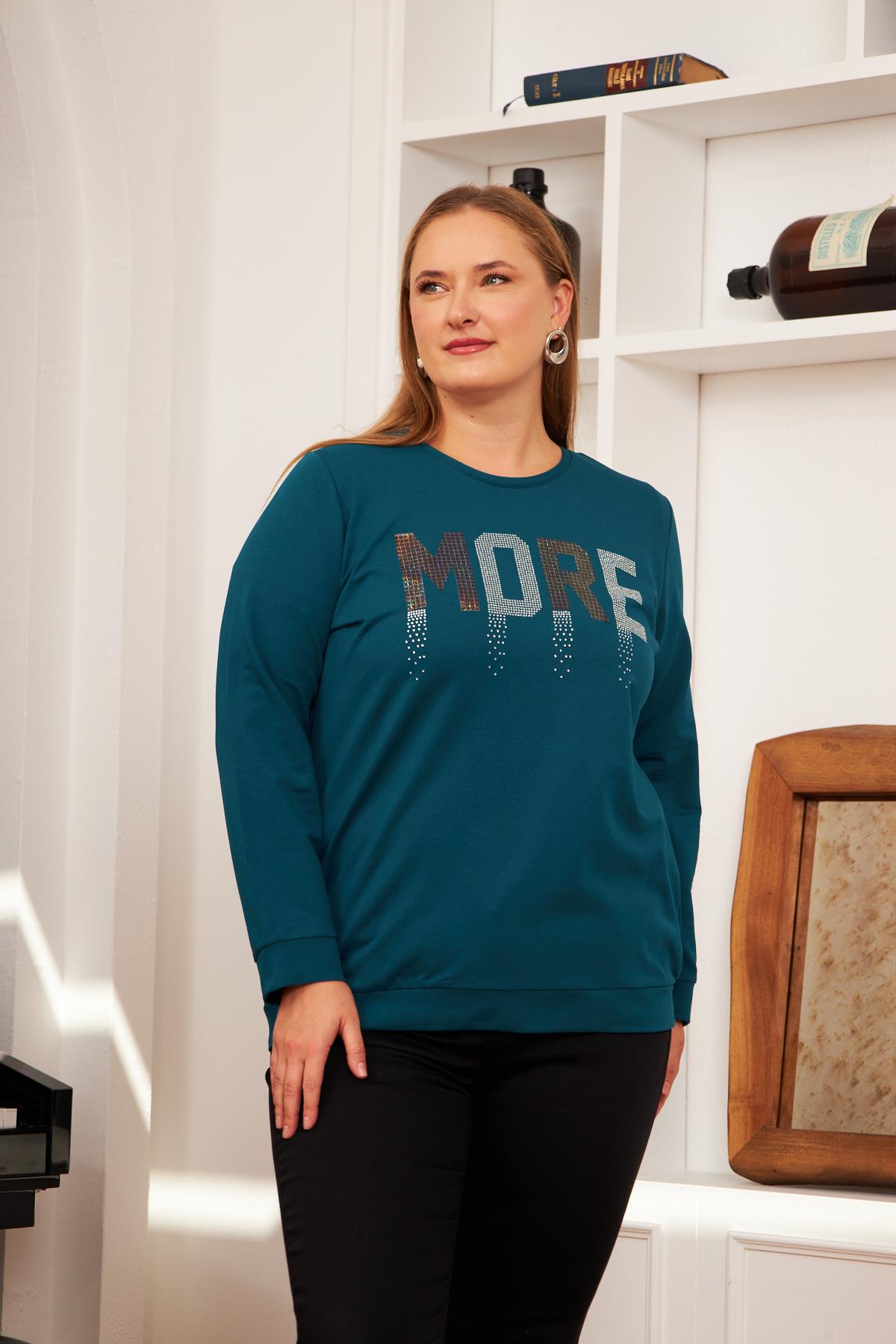 Büyük Beden Taş Baskılı Sweatshirt  Petrol