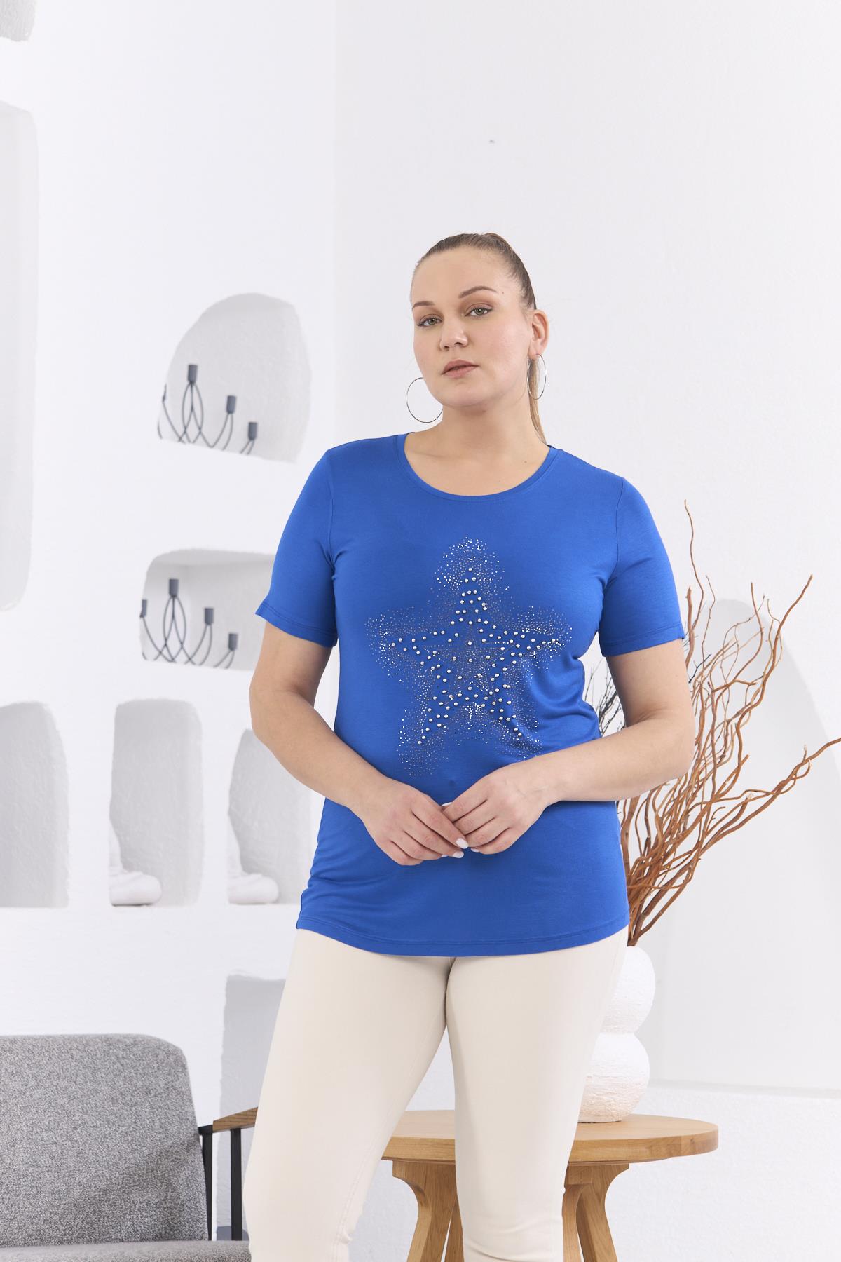 Yıldız Taş İşlemeli Büyük Beden Saks Tişört