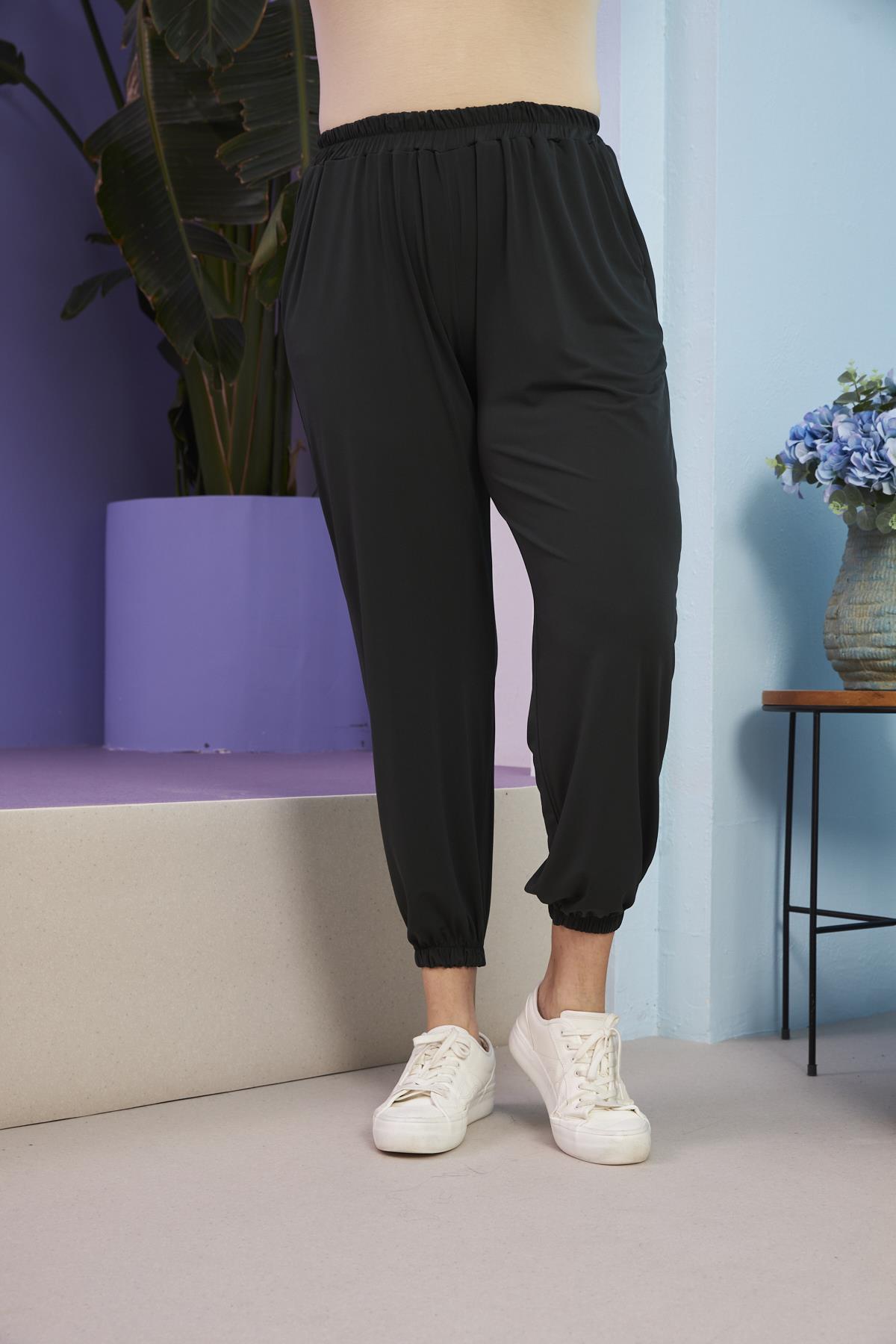 Bel ve Paça Lastikli Büyük Beden Haki Pantolon