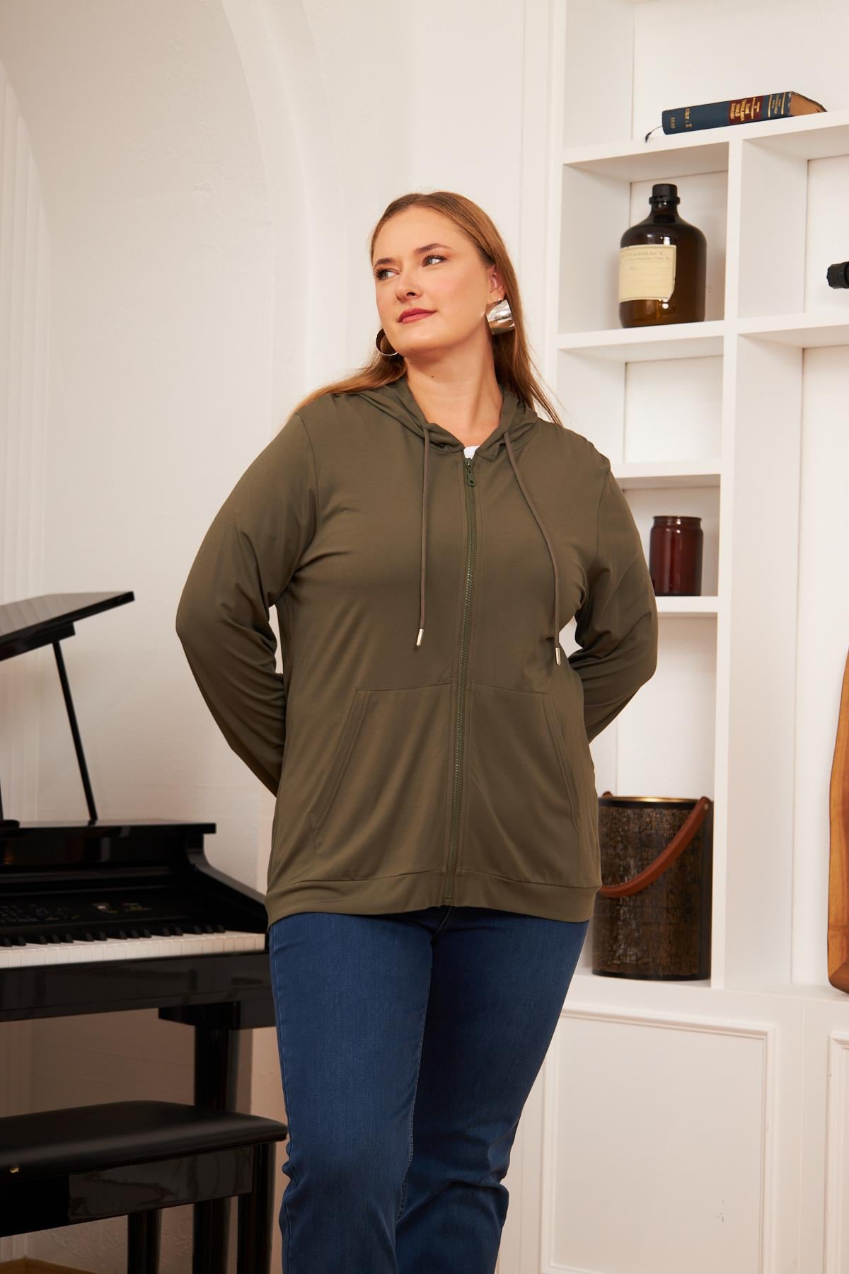 Büyük Beden Modal Sweatshirt Hırka Haki