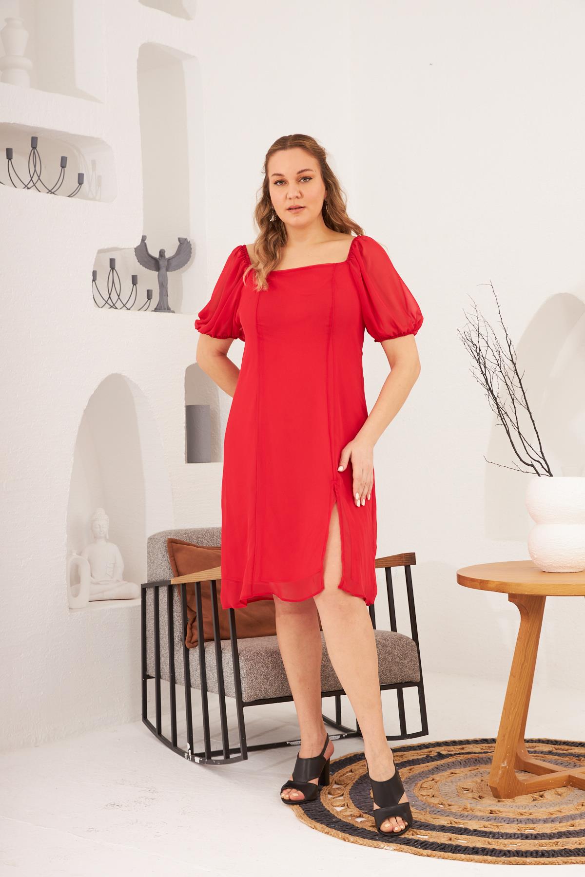 Kol ve Omuz Lastikli Büyük Beden Astarlı Şifon Nar Elbise