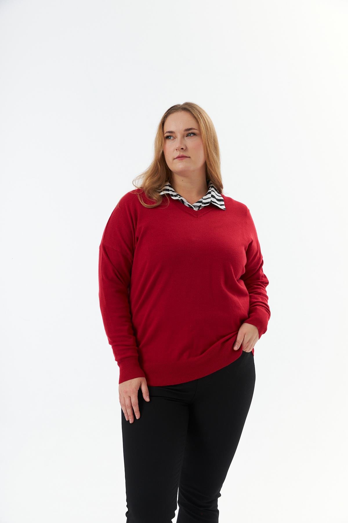 Büyük Beden Kaşmir Karışımlı V Yaka Triko Kazak Kırmızı