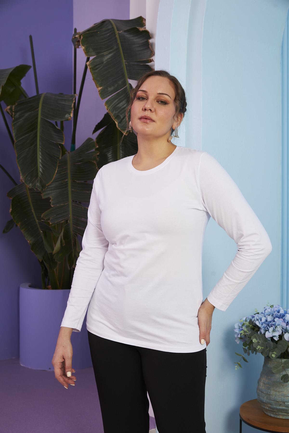 Bisiklet Yaka Uzun Kol Büyük Beden Beyaz Tişört