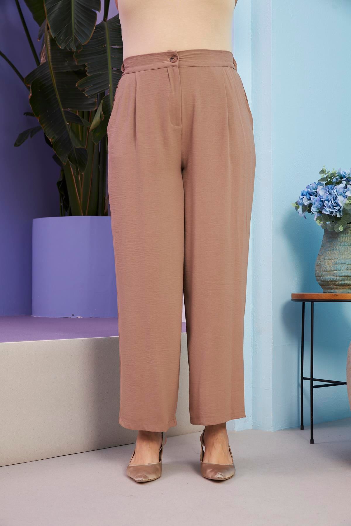 Beli Lastikli Büyük Beden Aerobin Vizon Geniş Paça Pantolon