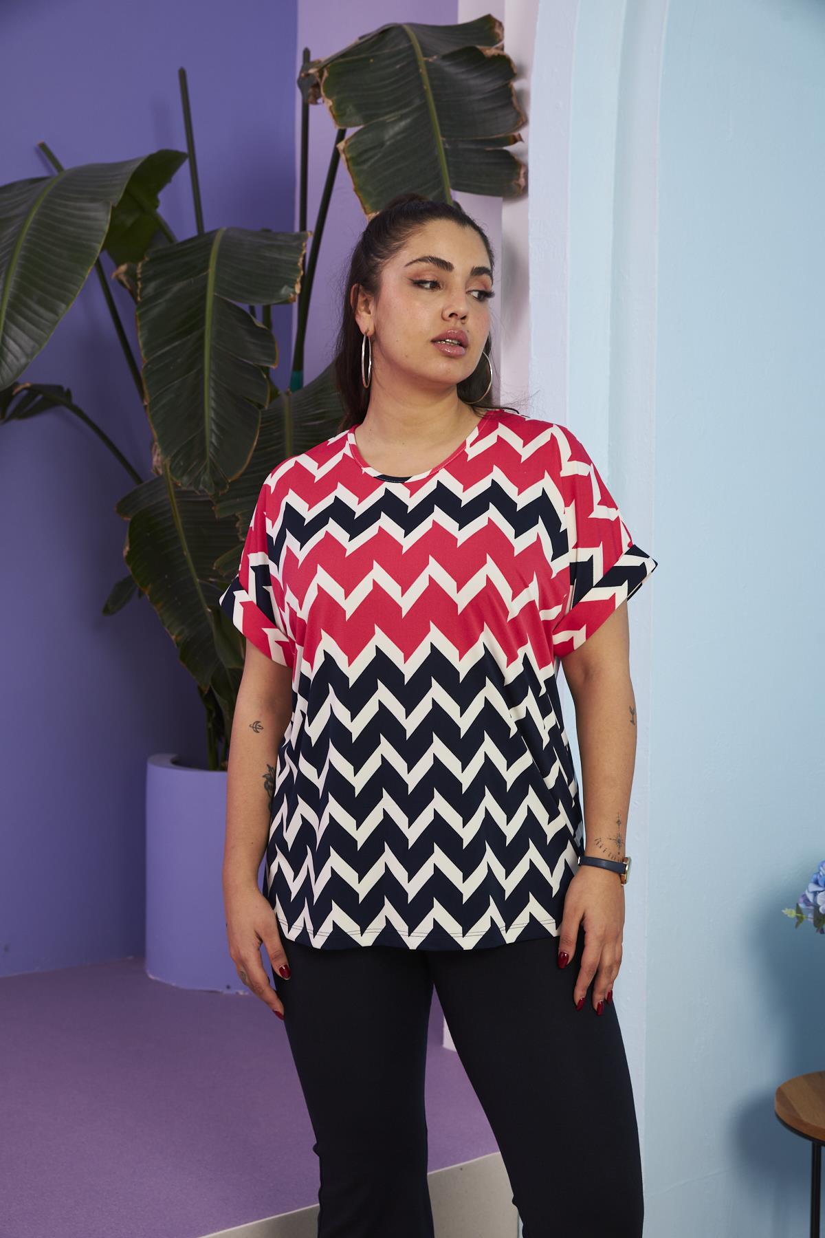 Zigzag Desen Büyük Beden Mercan Bluz