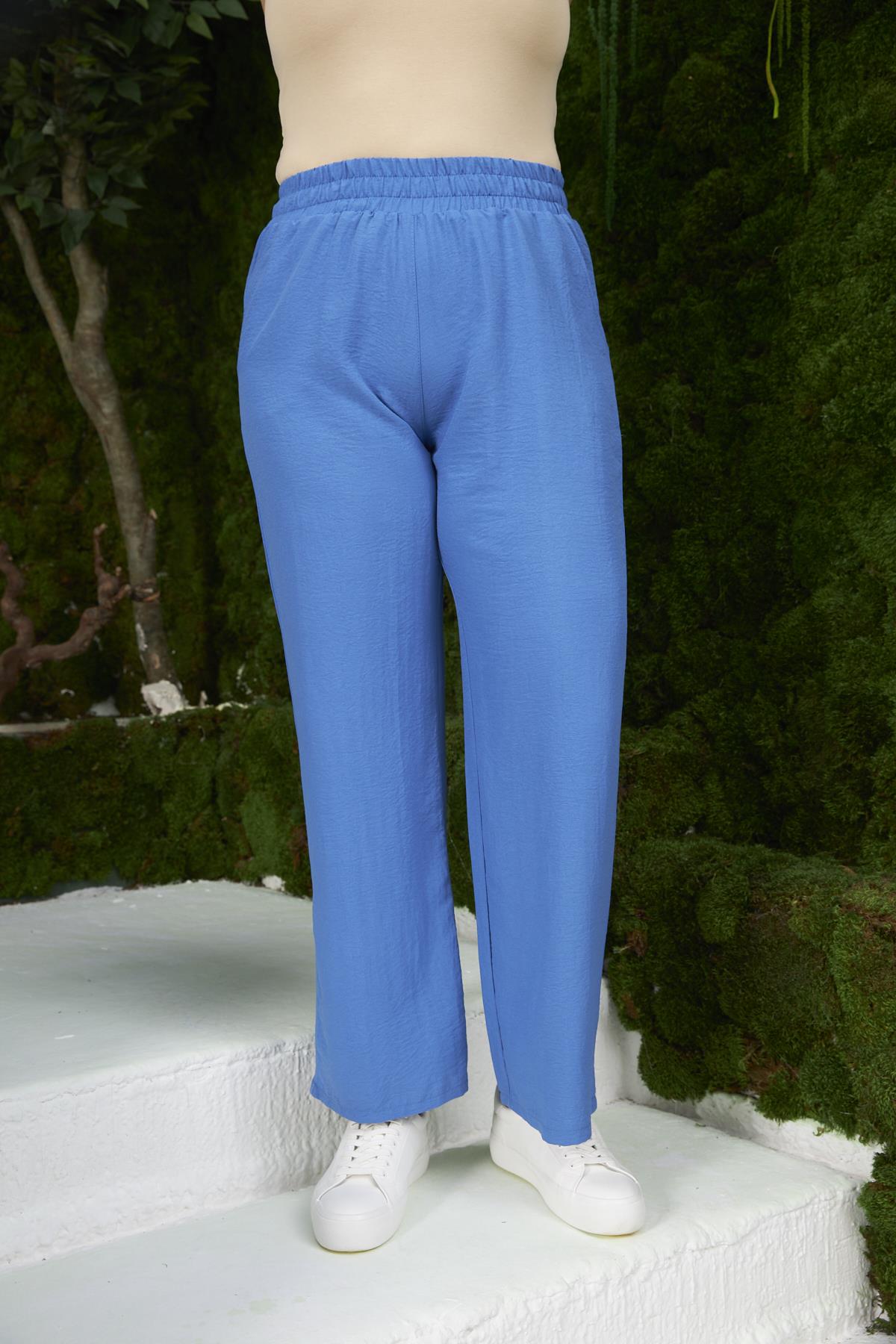 Beli Lastikli Geniş Paça Büyük Beden İndigo Pantolon