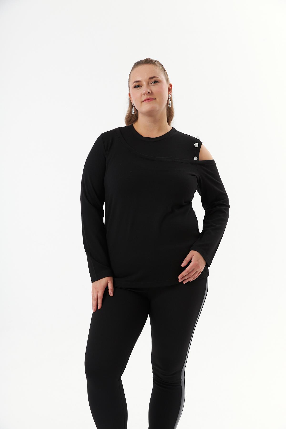 Büyük Beden Omuz Detay Örme Bluz Siyah