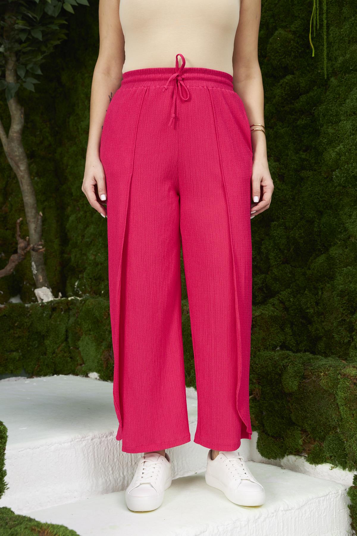 Bel Bağcık Detaylı Yırtmaçlı Büyük Beden Fuşya Bürümcük Pantolon