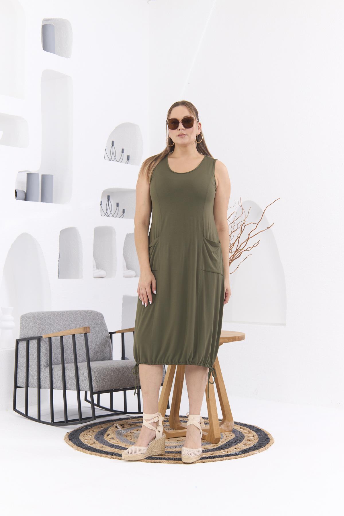 Eteği Bağlamalı Büyük Beden Haki Elbise