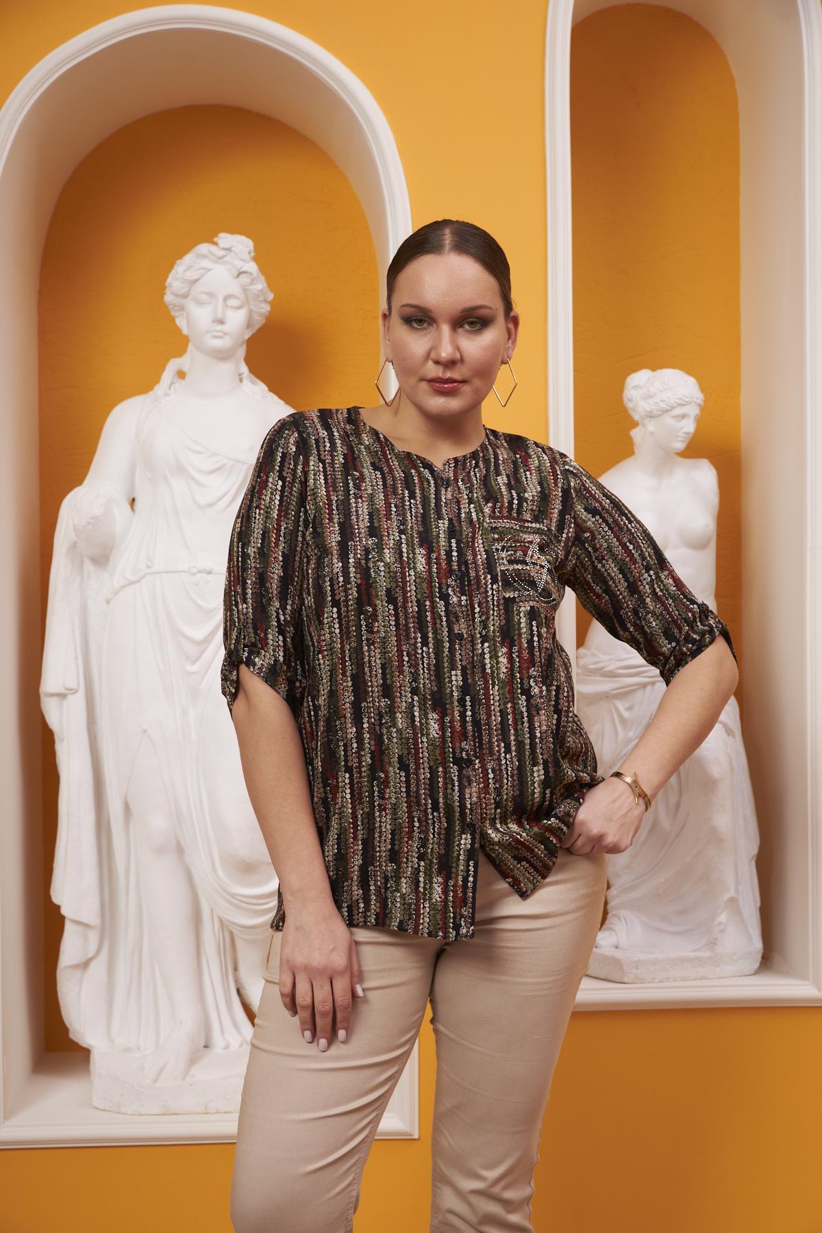 Cep Taş Detaylı Desenli Büyük Beden Haki Gömlek