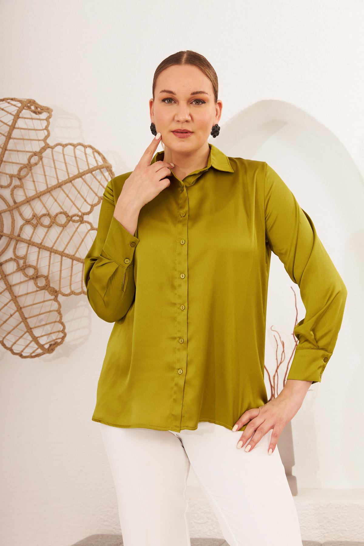 Uzun Kol Büyük Beden Oliv Gömlek
