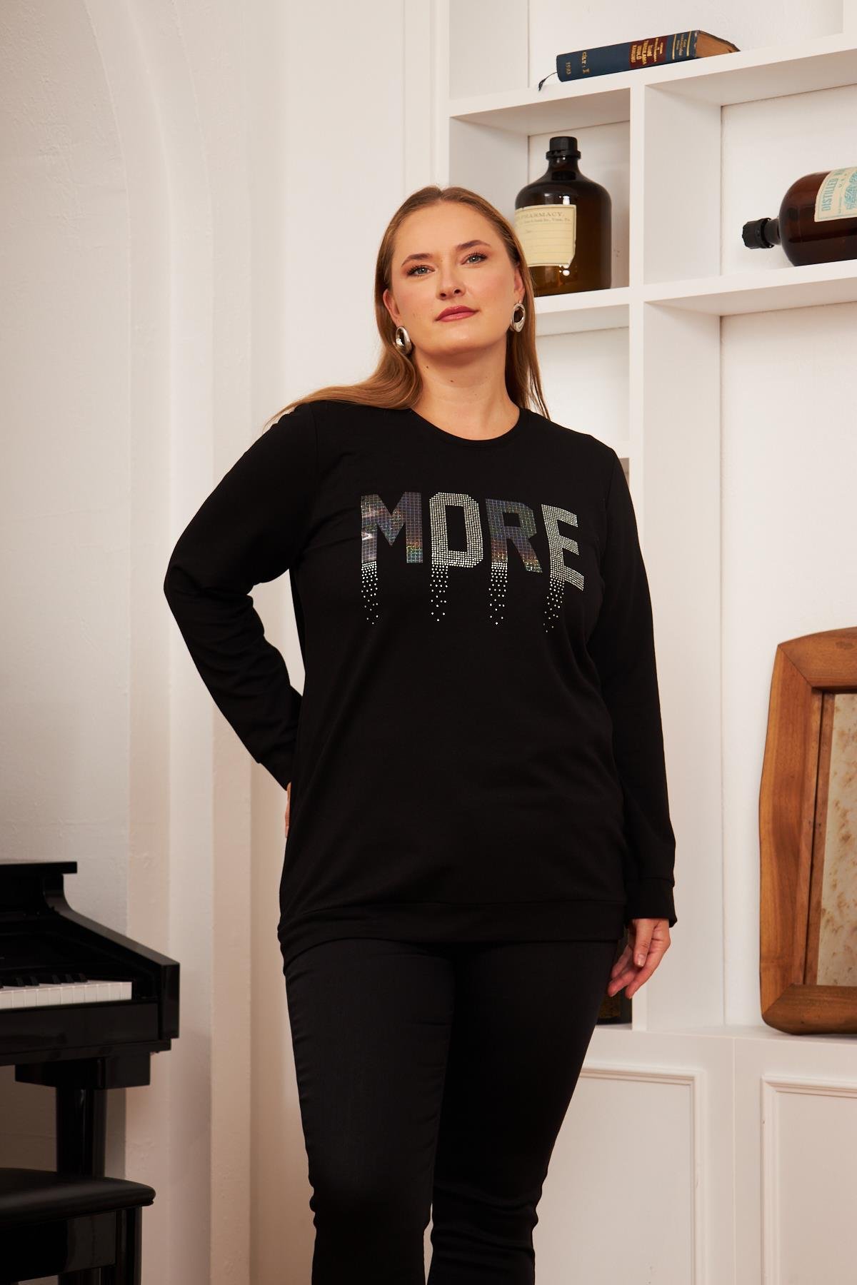 Büyük Beden More Taş Baskılı Sweatshirt Siyah