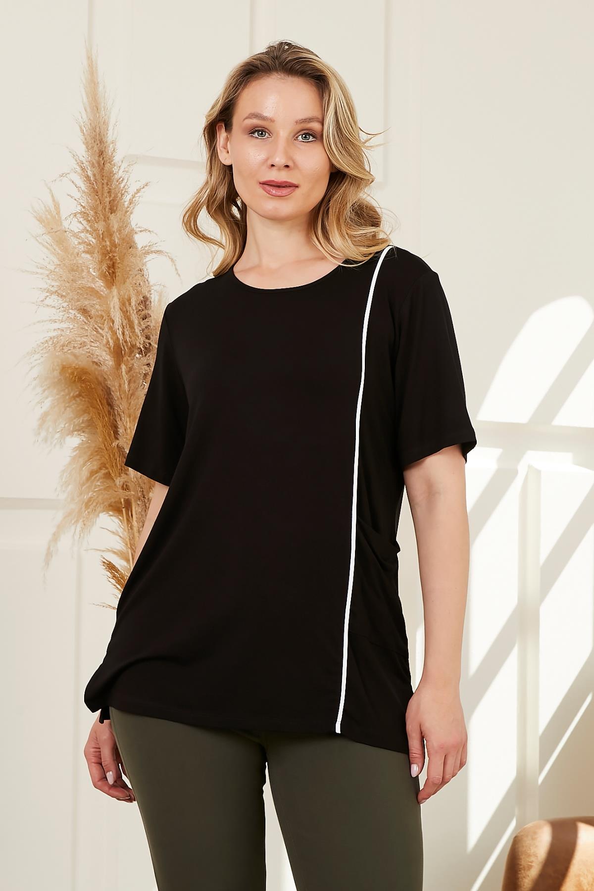 Rmg Şerit Detaylı Cepli Büyük Beden Siyah Tişört