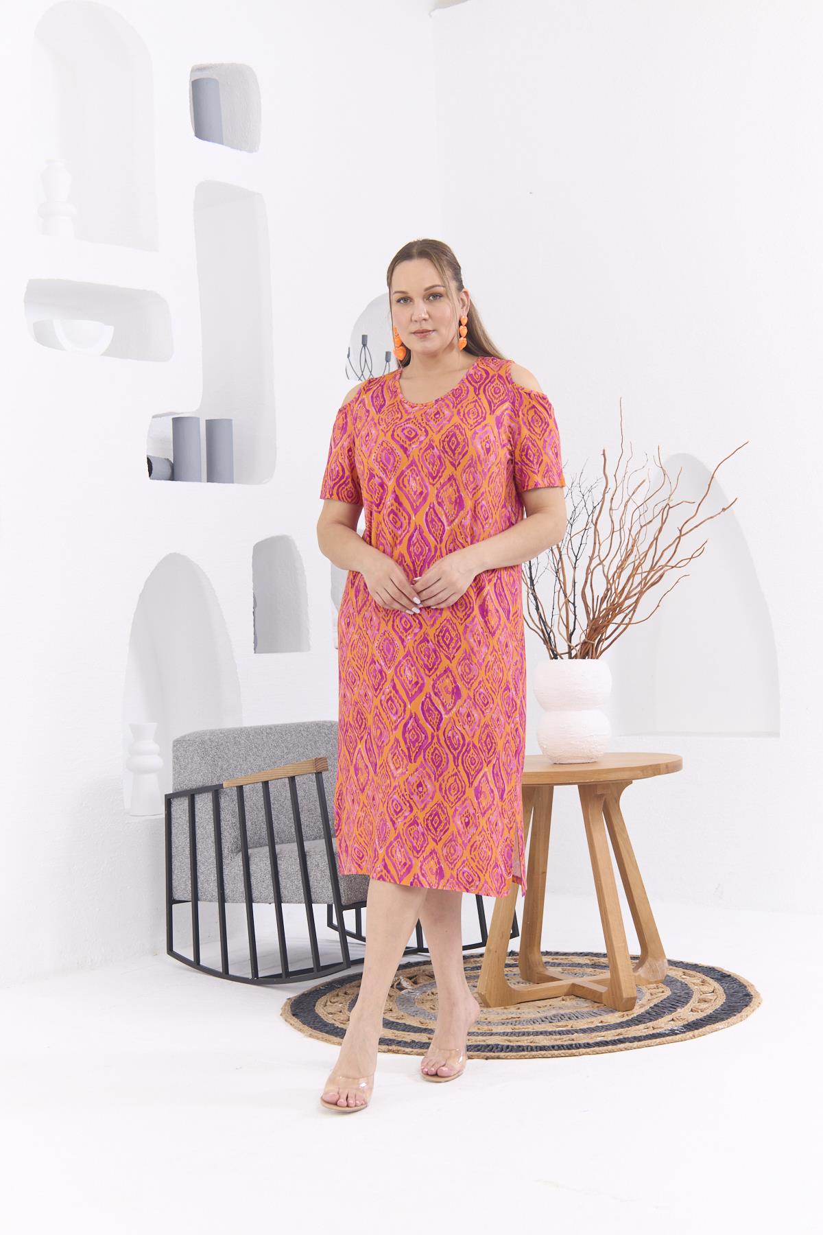 Omuz Detaylı Büyük Beden Desenli Oranj Elbise