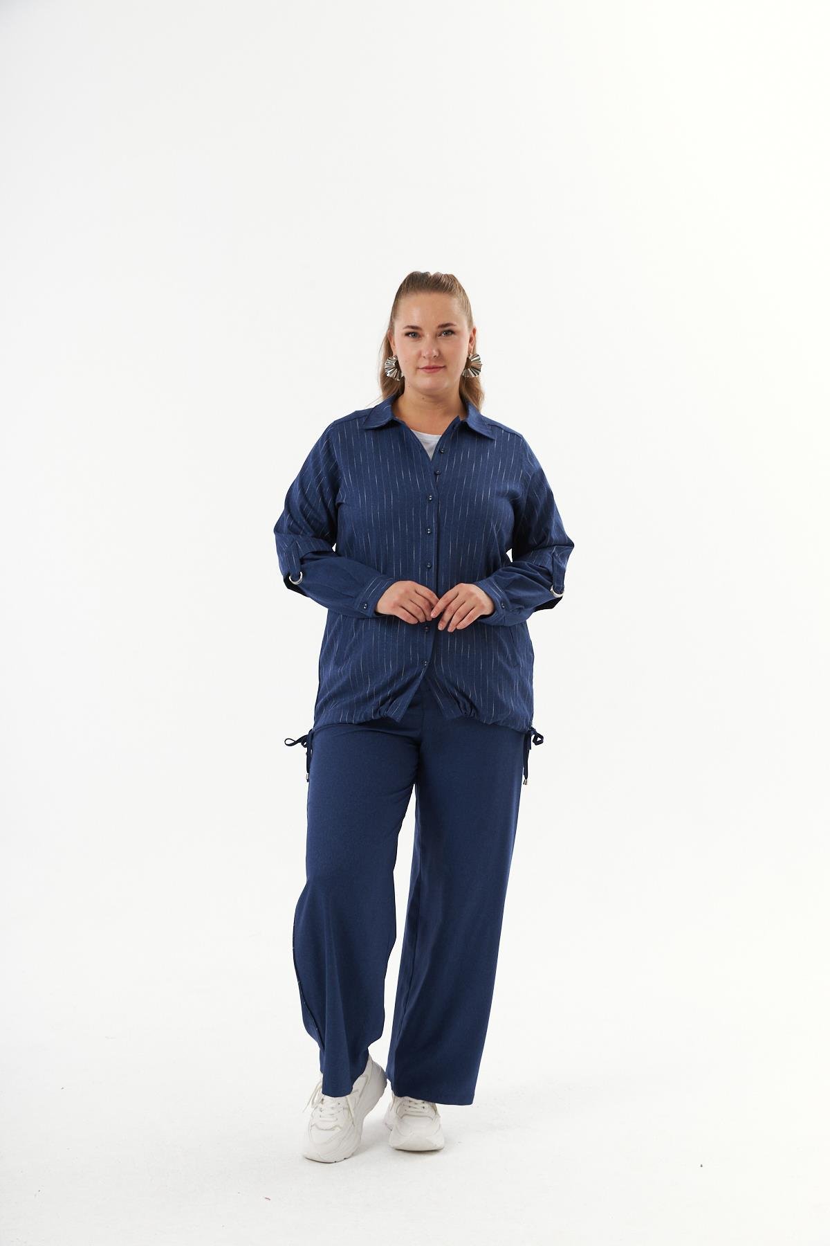 Büyük Beden Kolları Katlanabilir Takım Gömlek Pantolon İndigo