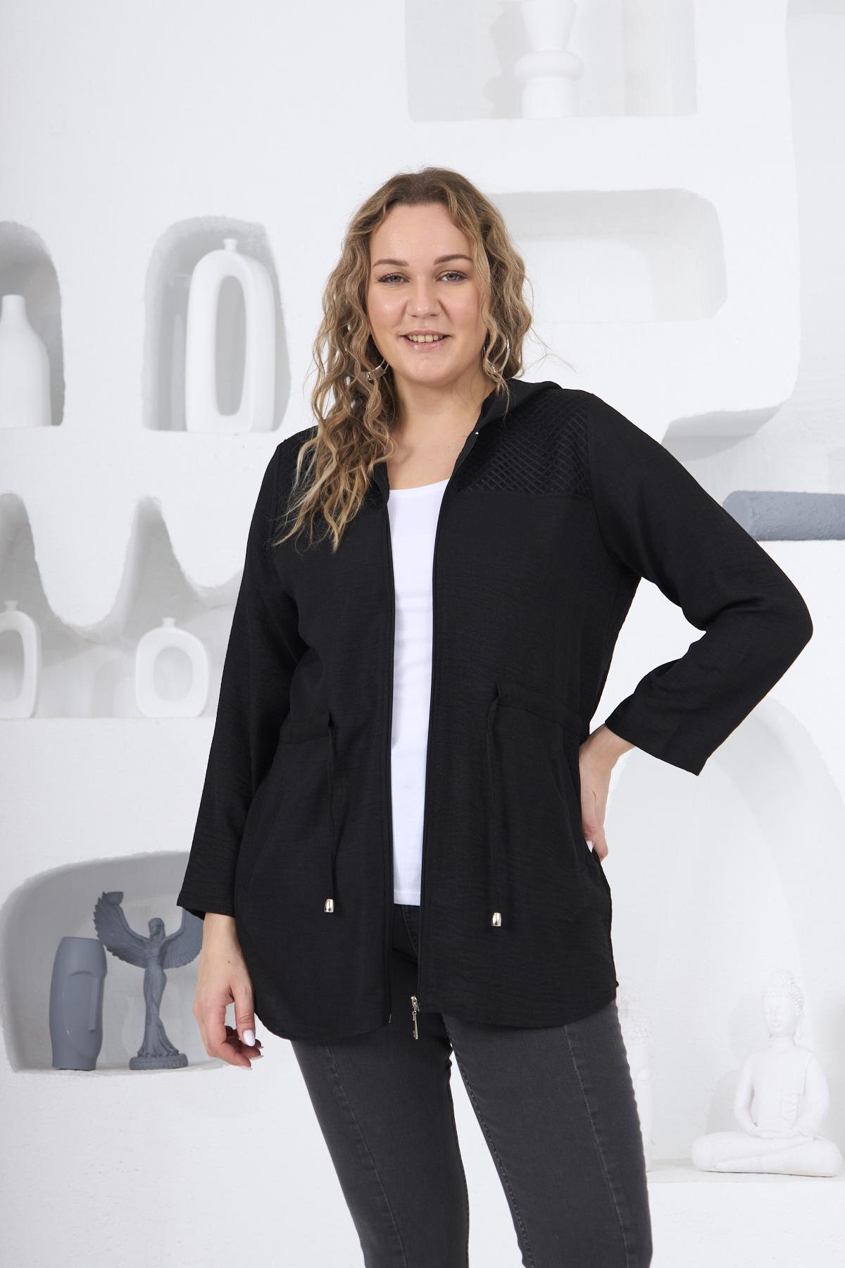 Rmg Omuz File Detaylı Keten Dokulu Büyük Beden Siyah Ceket